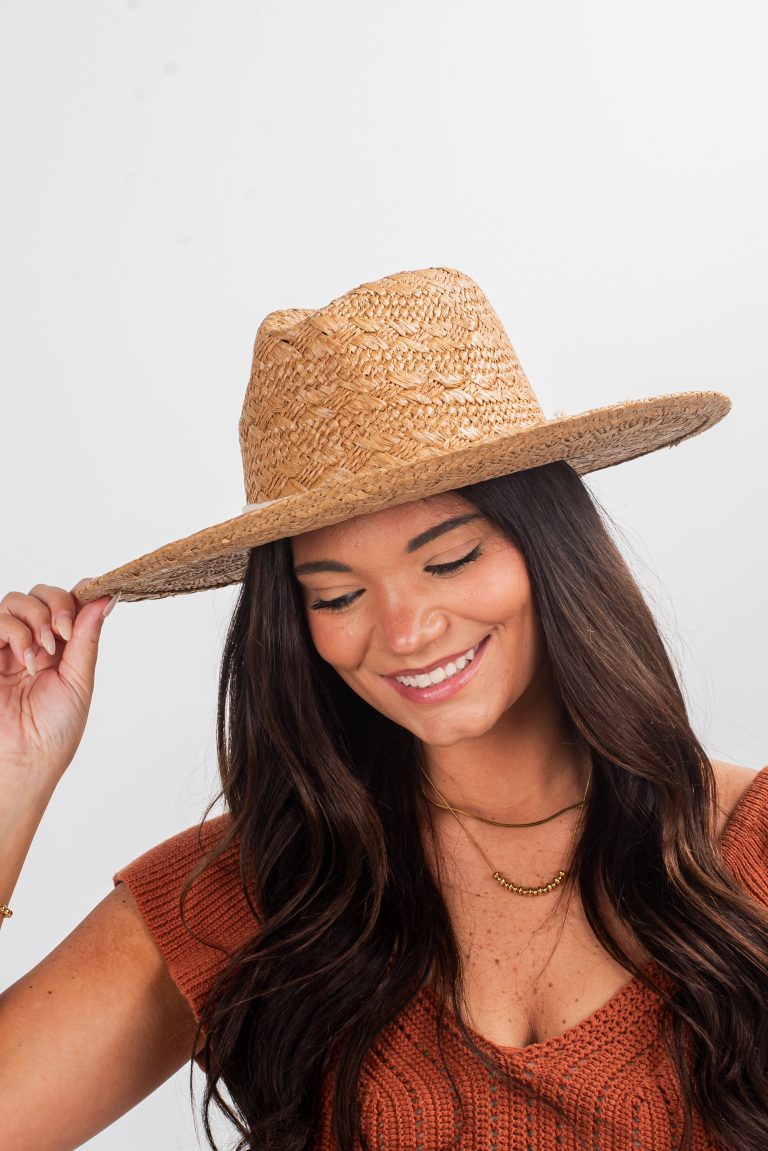 Beachside Charm Tan Straw Fedora Wide Brim Hat