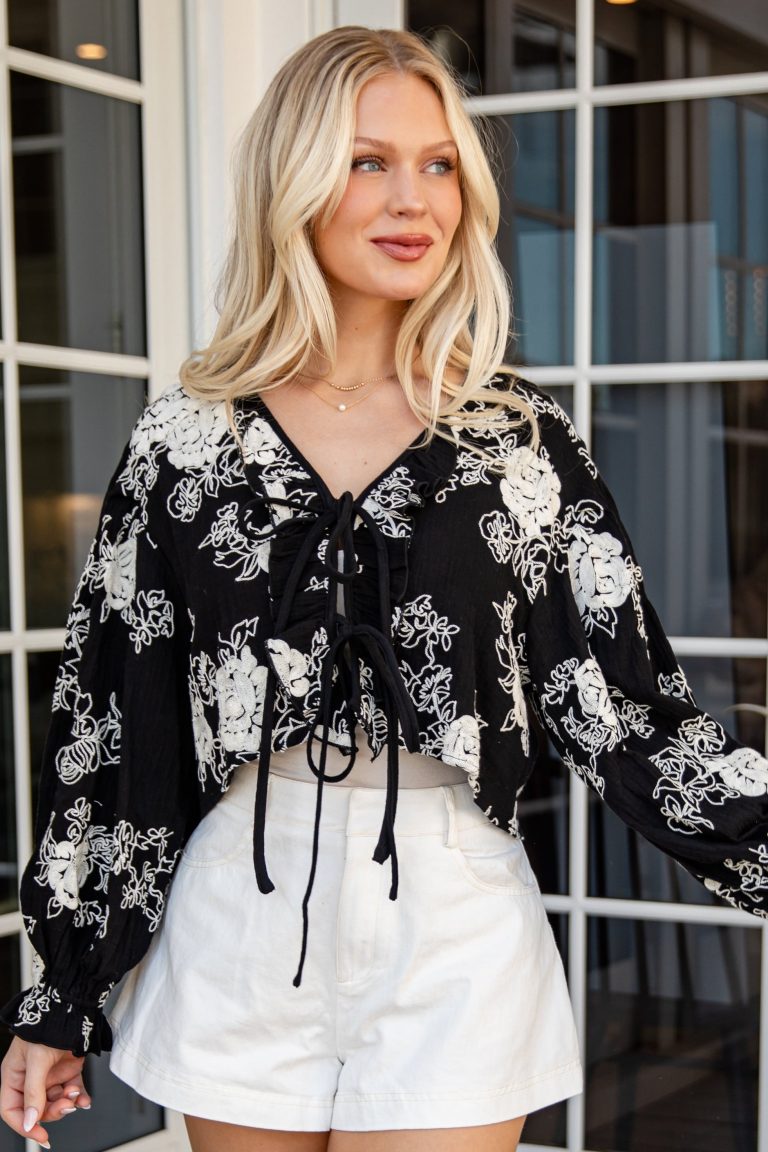 FINAL SALE - All About You Floral Tie-Front Black Blouse