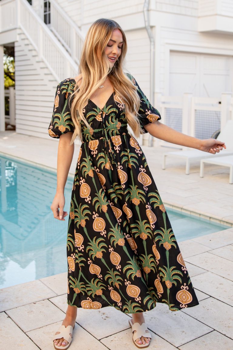 Greenhouse Garden Print Black Midi Dress