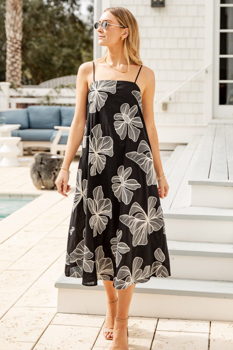 Tropical Destination Embroidered Floral Linen Midi Dress