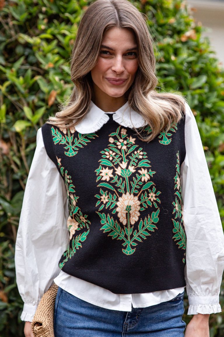 FINAL SALE - Evergreen Botanical Print Black Knit Vest