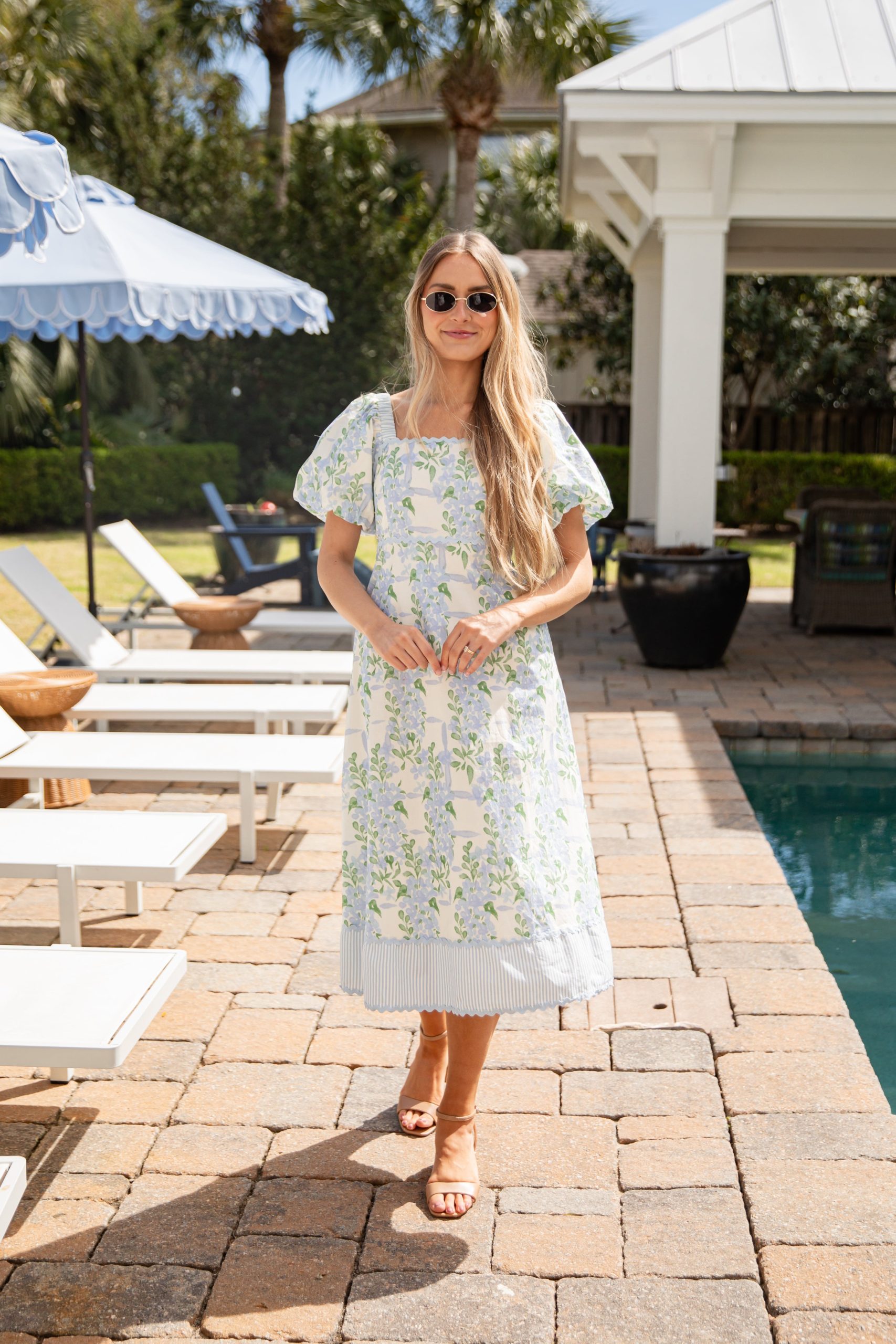 Watercolor Petals Blue Floral Puff Sleeve Maxi Dress - Image 3