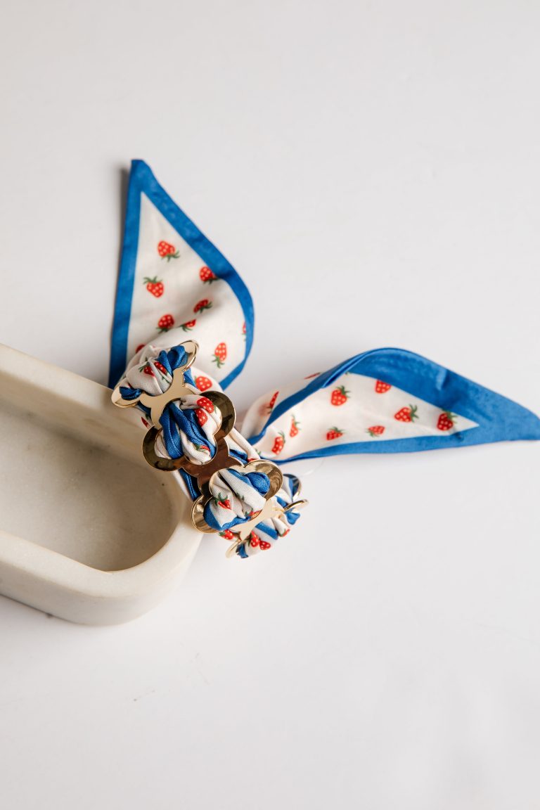 Teagan Strawberry Print Blue Scarf Bracelet
