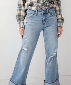 Maggie Light Wash Mid-Rise Cuffed Ankle Wide Jeans