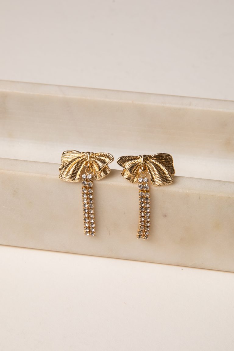 Millie Gold Bow Rhinestone Chain Drop Earrings