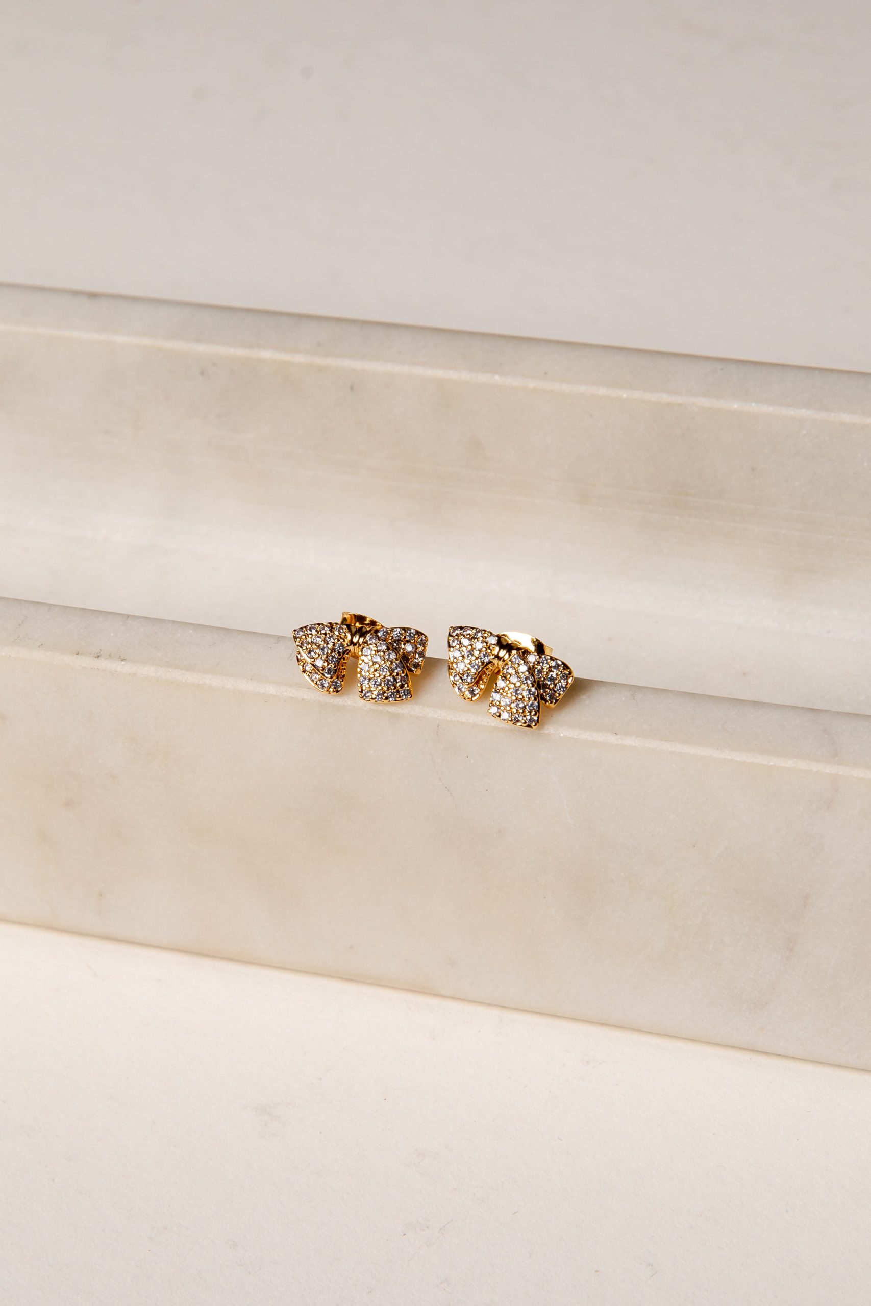 Maria Gold Rhinestone Bow Earrings - Image 2
