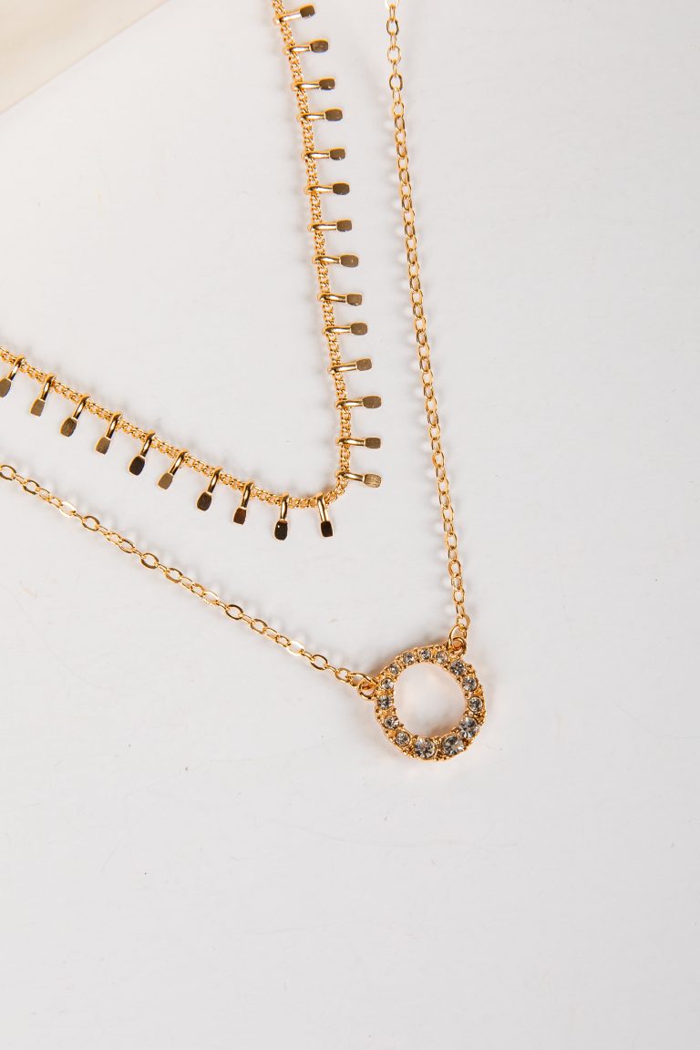 Wren Gold Rhinestone Circle Charm Layered Necklace