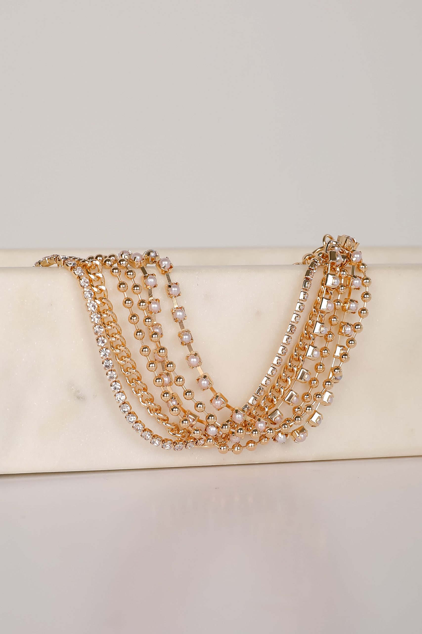 Laura Gold Rhinestone + Pearl Layered Chain Bracelet - Image 3
