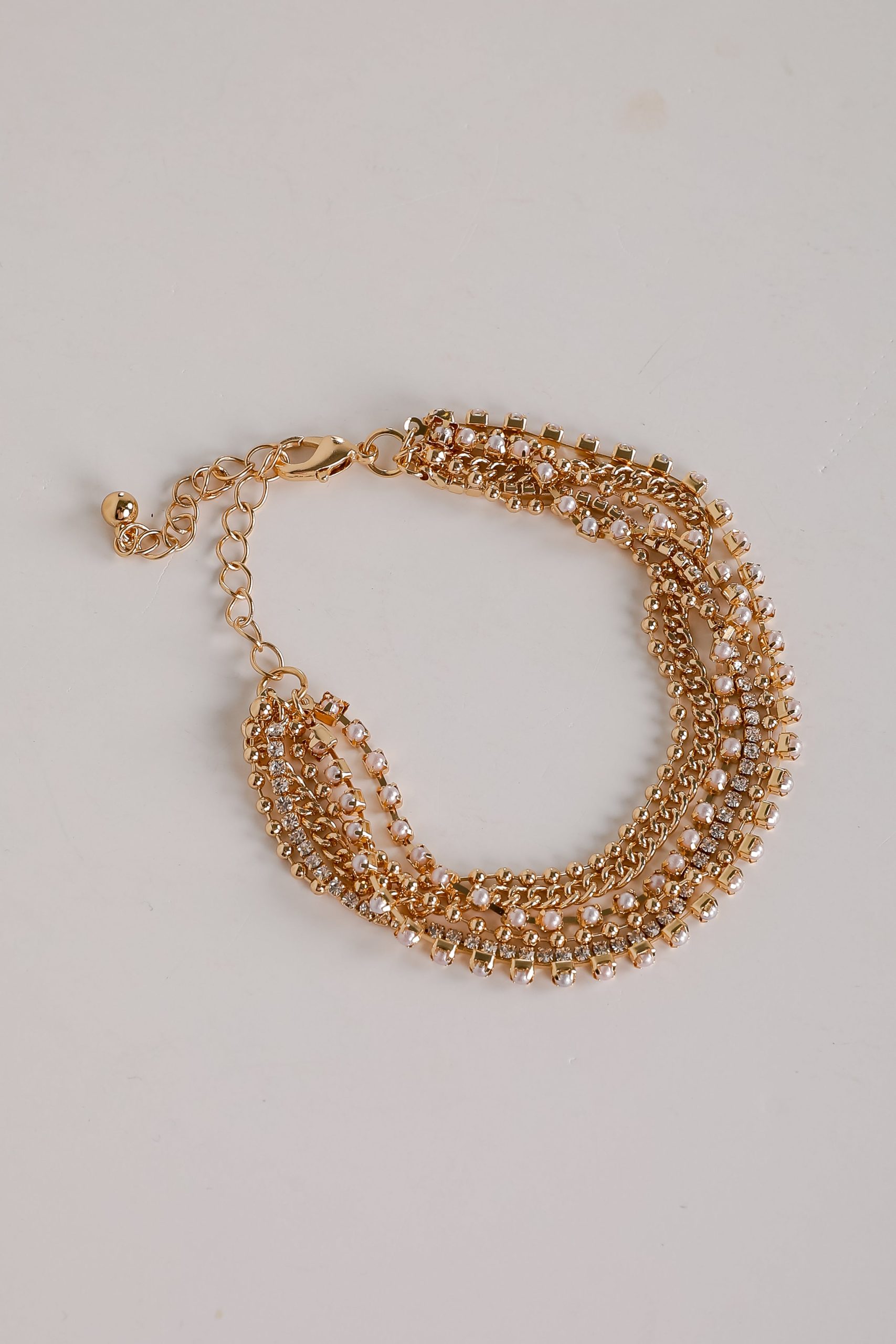 Laura Gold Rhinestone + Pearl Layered Chain Bracelet - Image 5