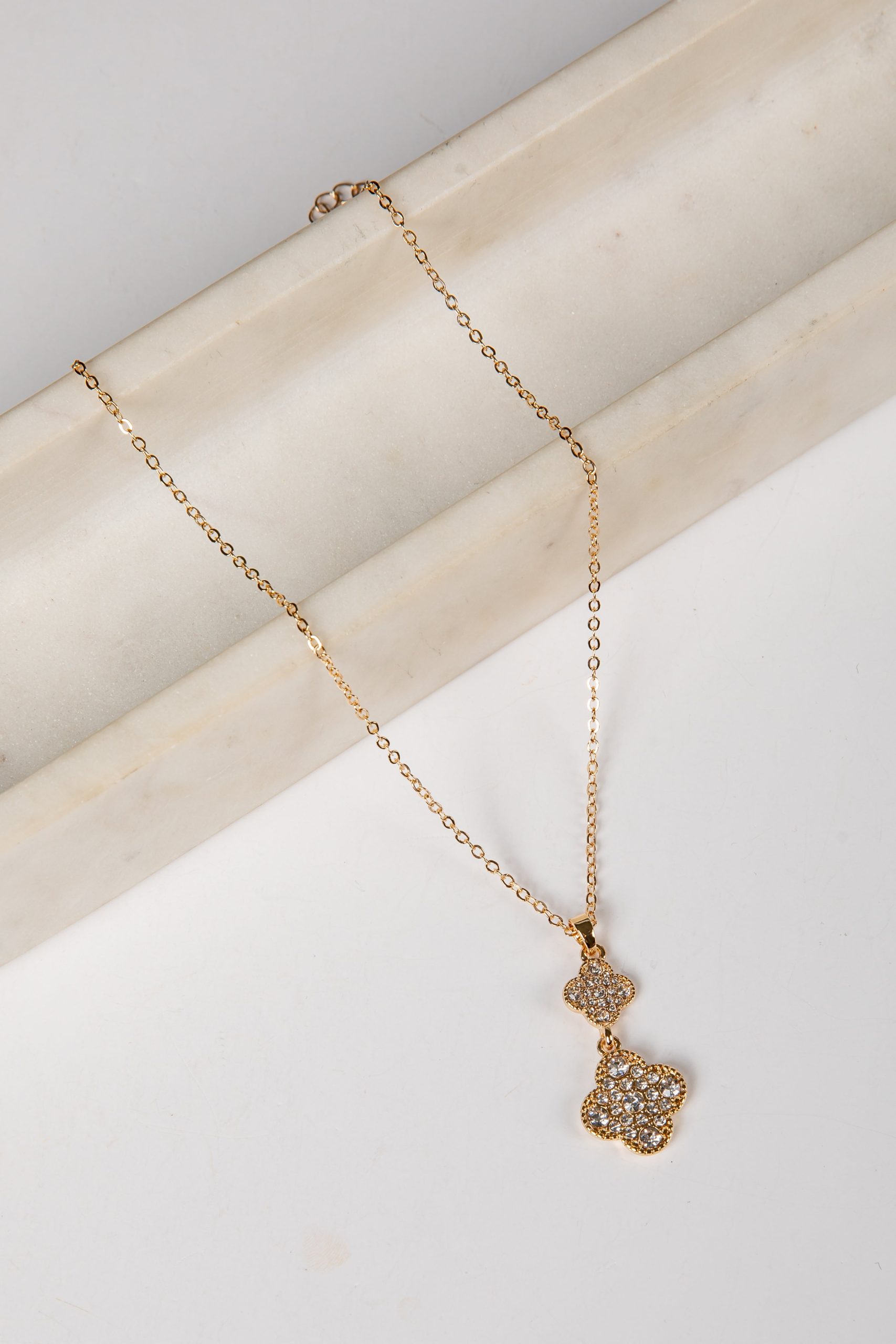 Lizzie Gold Rhinestone Quatrefoil Drop Charm Necklace - Image 2