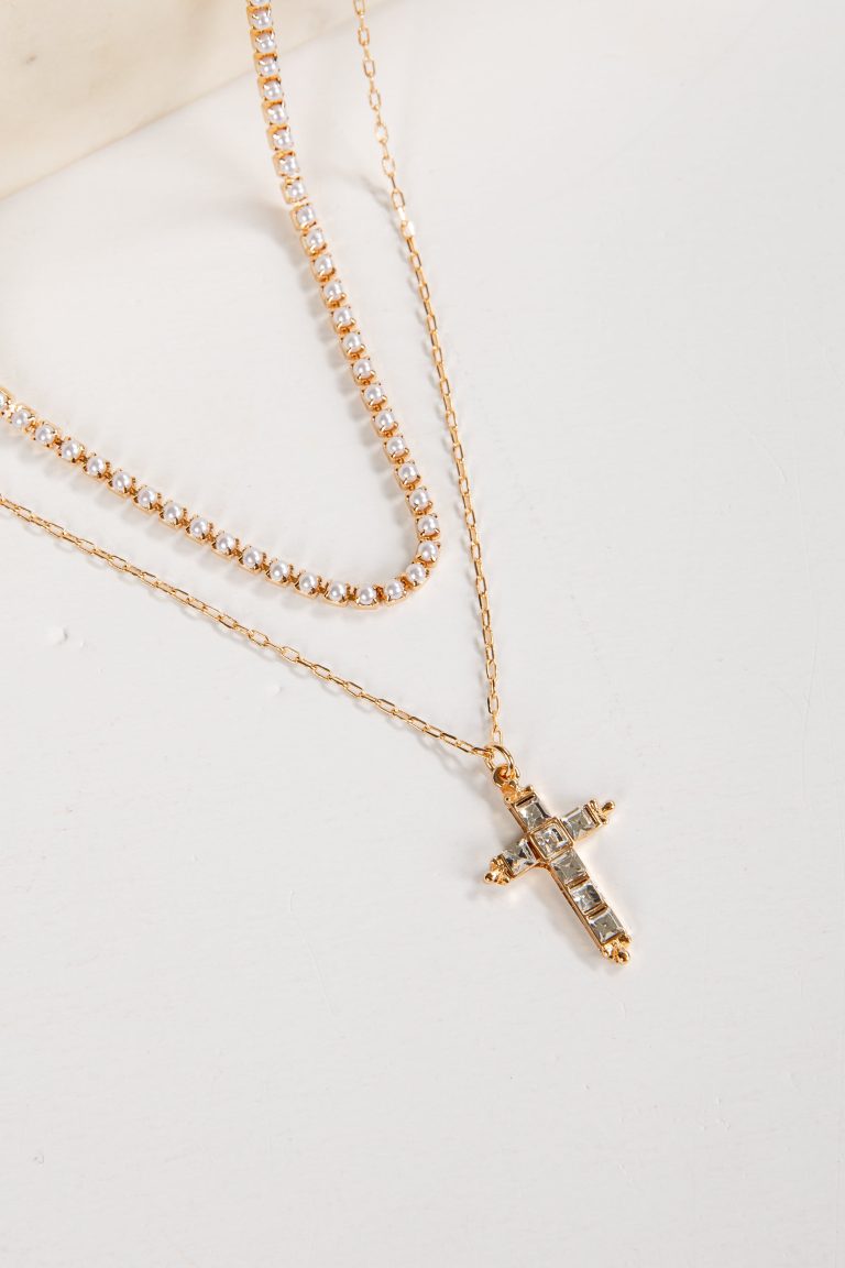 Alexa Gold Rhinestone Cross Charm Layered Necklace