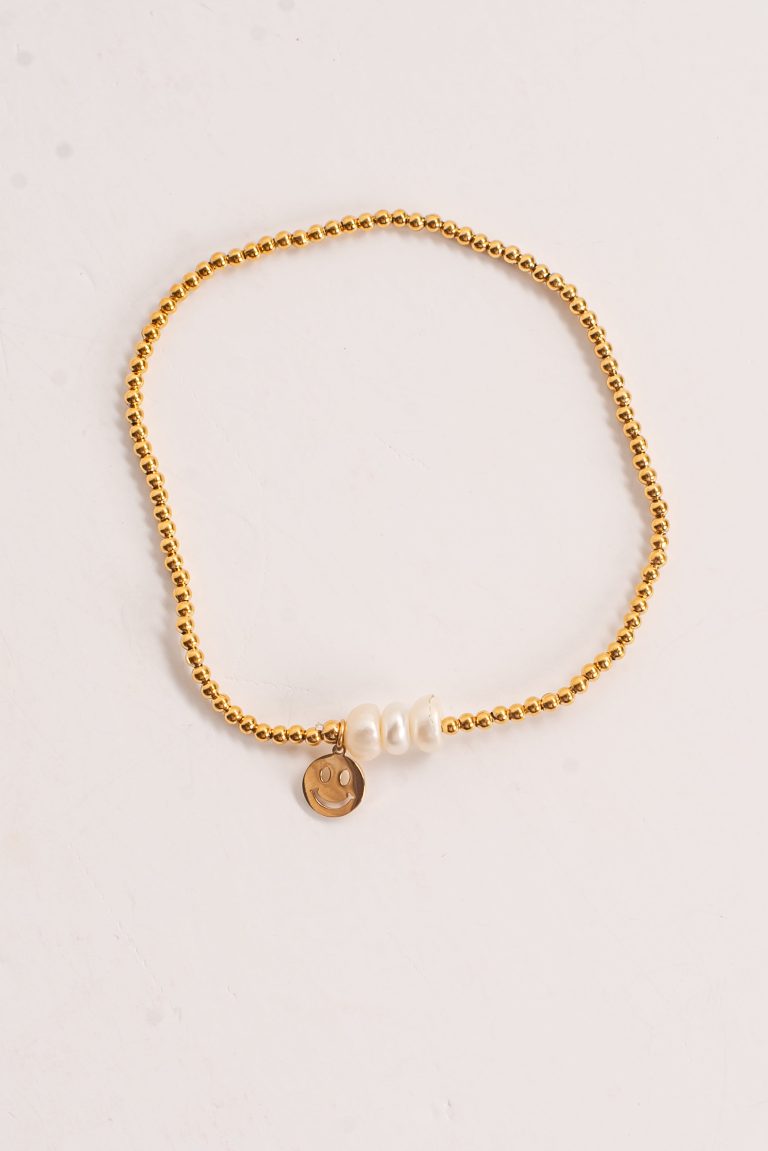 Ava Gold Beaded Pearl Smiley Face Charm Bracelet