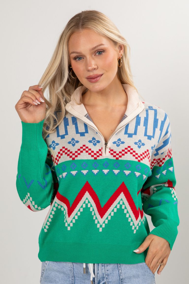 FINAL SALE - Santa’s Ski Lodge Bright Green Multi Sweater