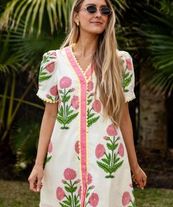 Petal Pop Trim Floral Button Front Ivory Mini Dress