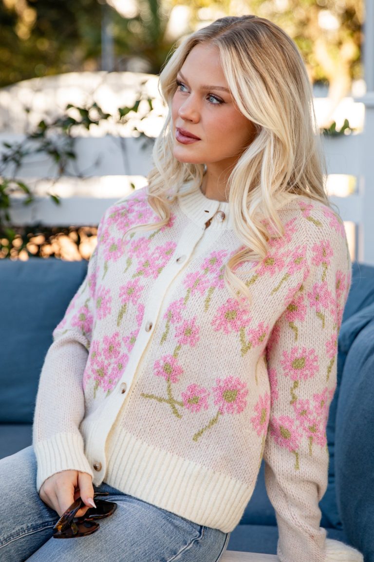 FINAL SALE - Blushing Garden Floral Ivory Sweater Cardigan