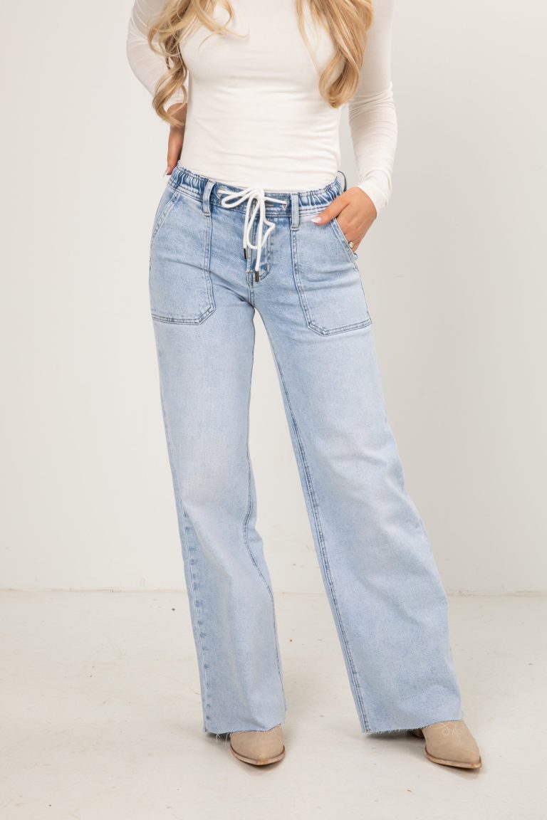 Ali Light Wash High-Rise Drawstring Wide Leg Jeans