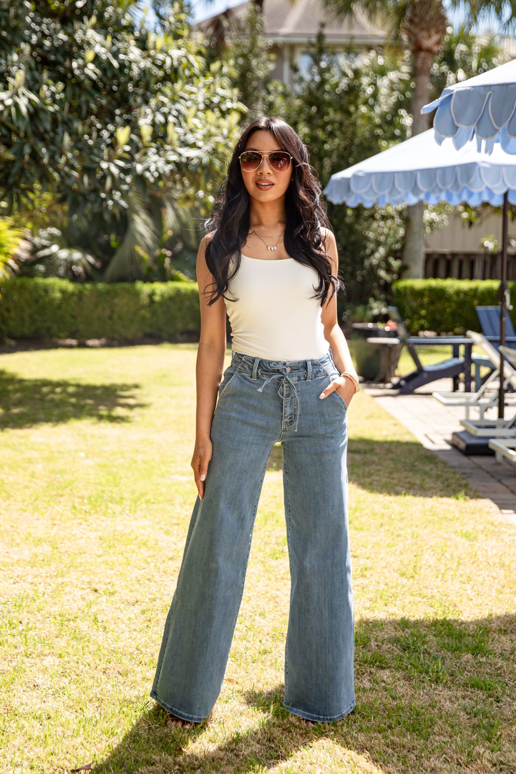 Jesse High Rise Light Wash Tie Waist Palazzo Jeans - Image 5