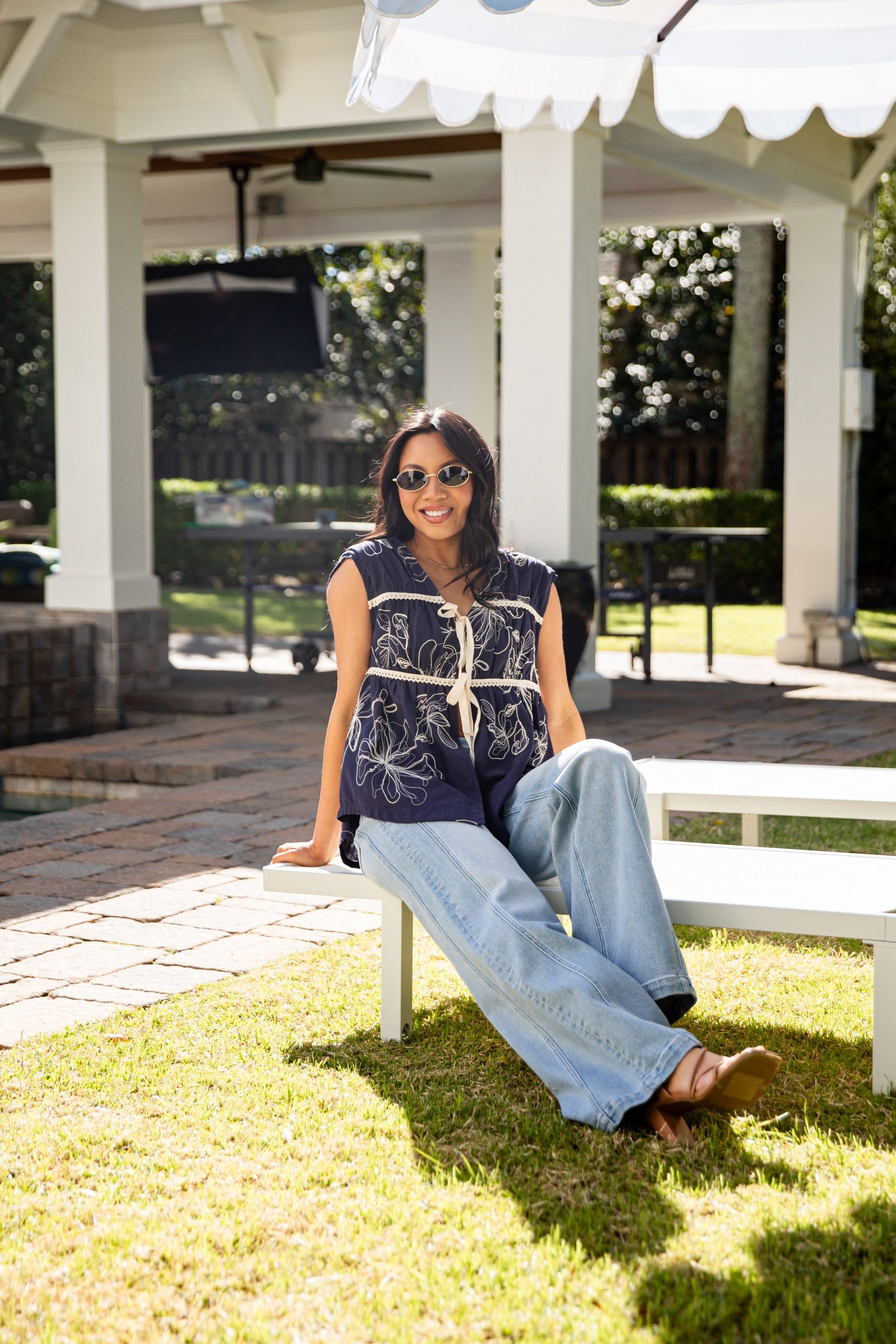 Tide Time Embroidered Navy Tie-Front Tank - Image 3