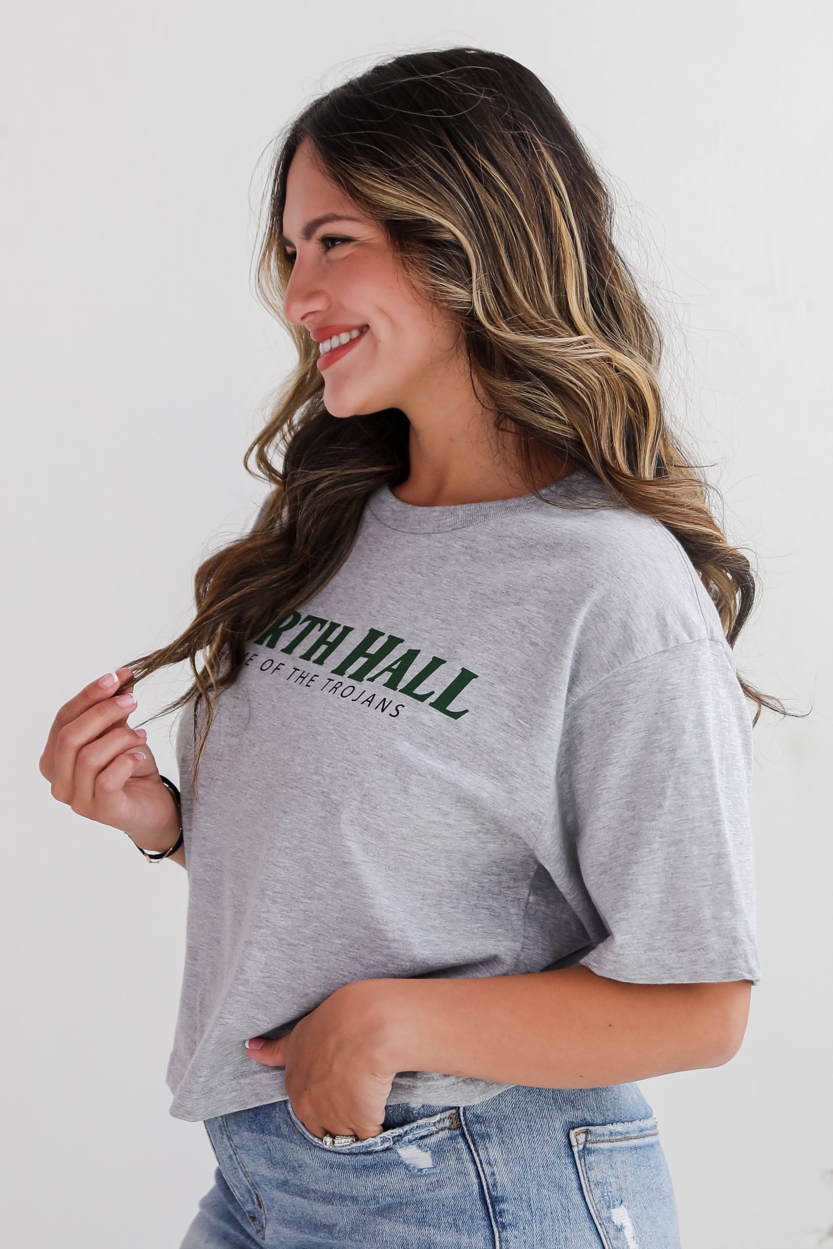 Heather Grey North Hall Home Of The Trojans Cropped Tee - Image 3