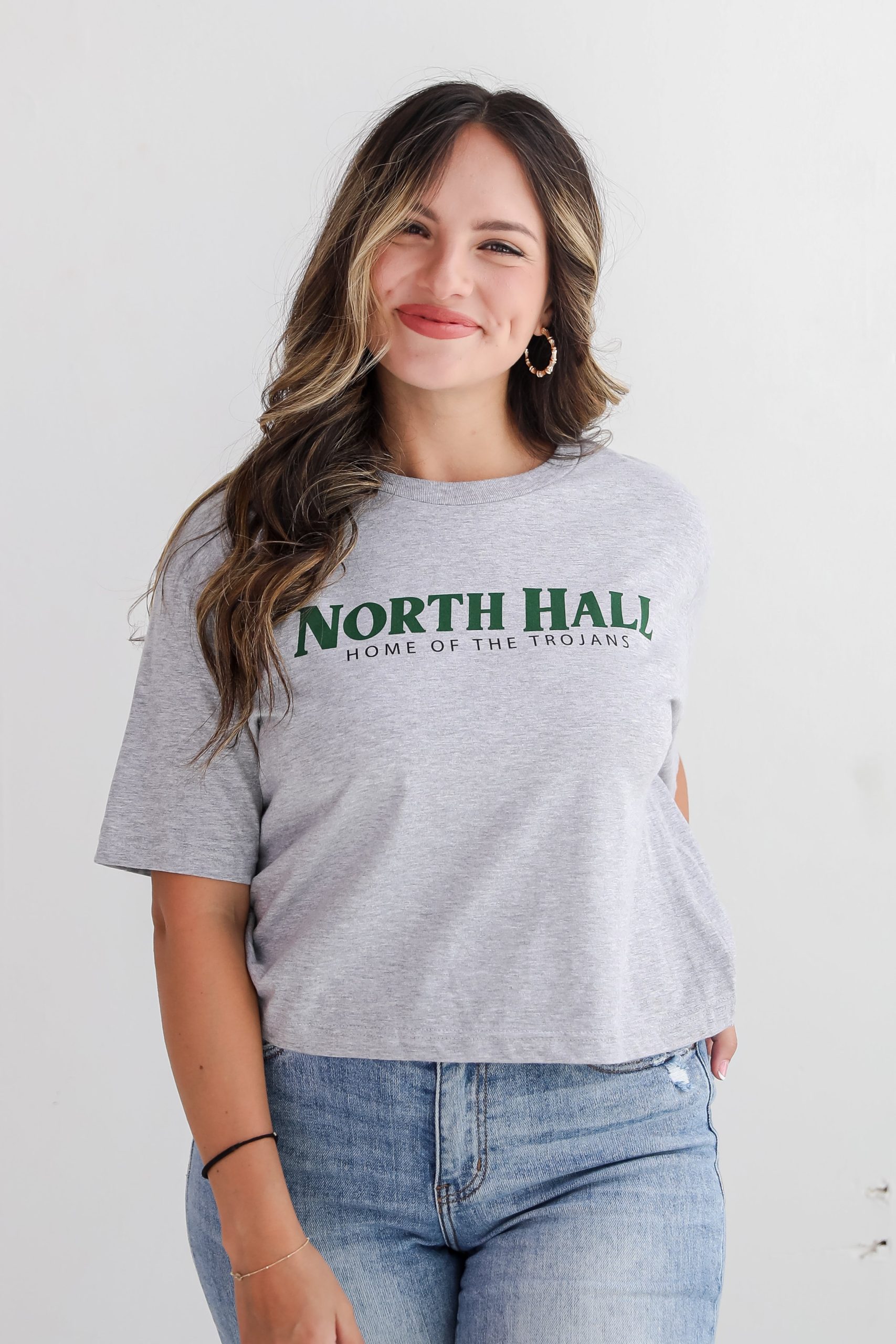 Heather Grey North Hall Home Of The Trojans Cropped Tee - Image 4