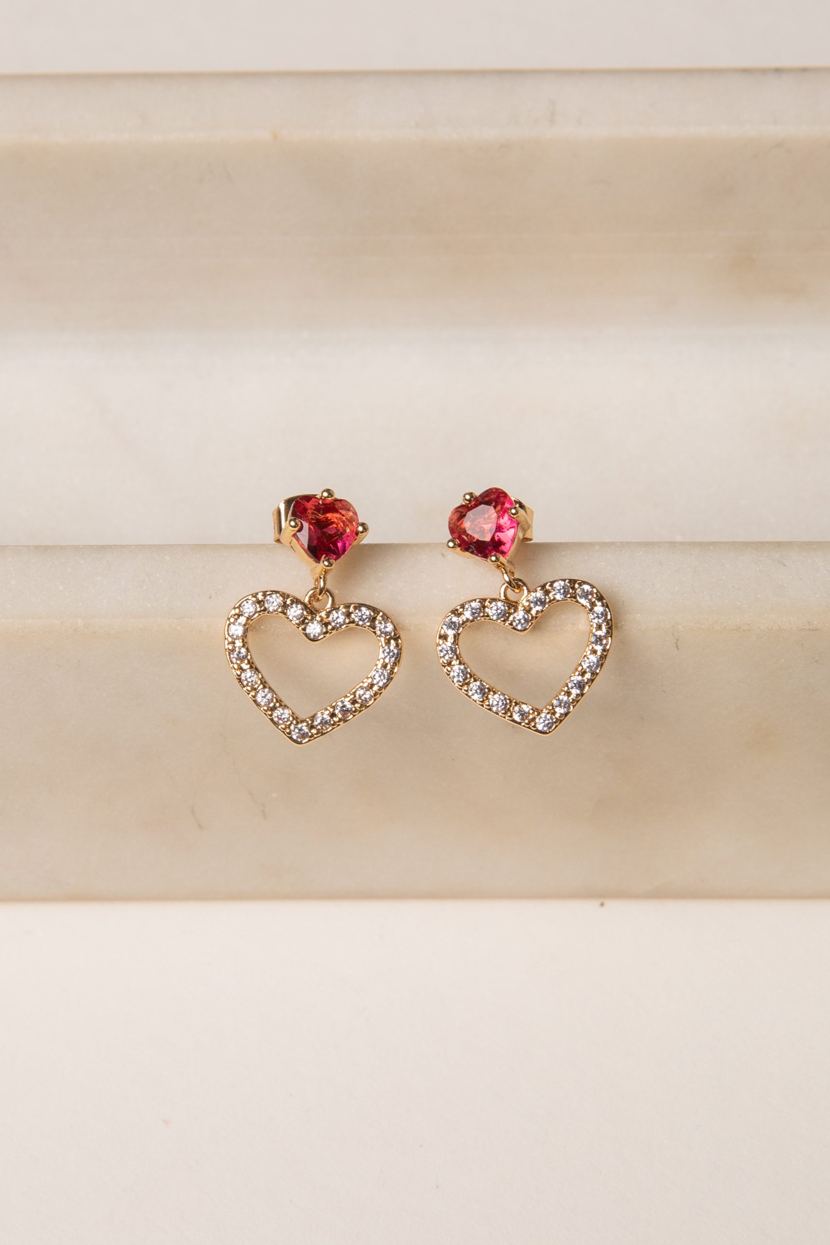 Sadie Red Rhinestone Heart Drop Earrings