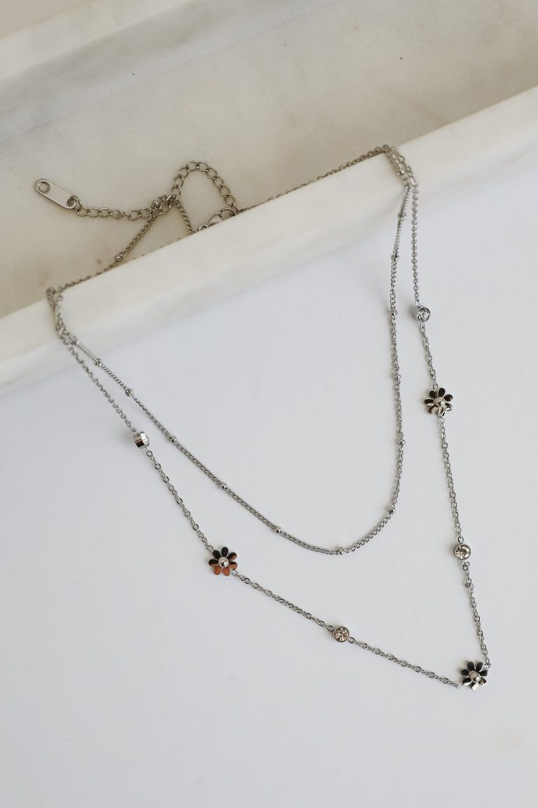 FINAL SALE - Lindsay Silver Flower Charm Layered Necklace