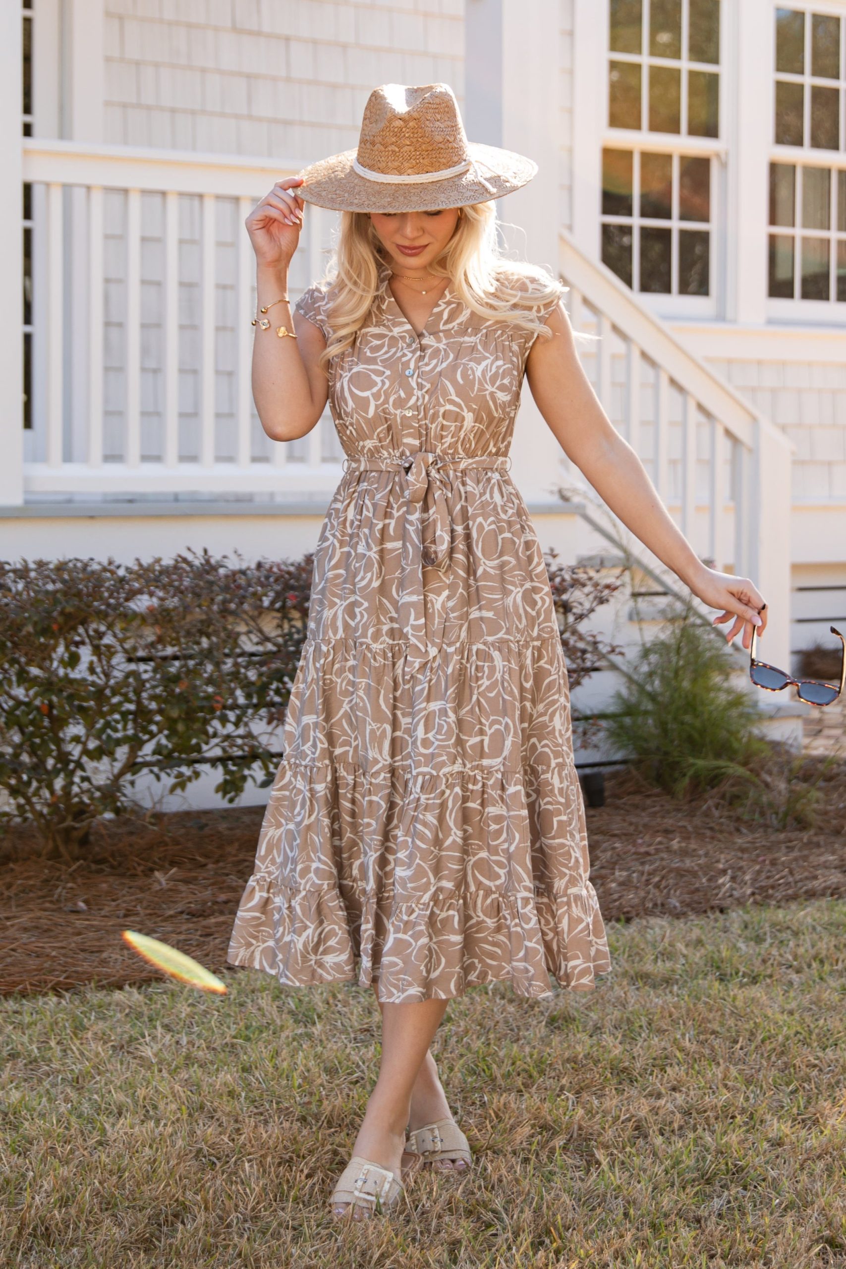 FINAL SALE - Living Easy Floral Taupe Midi Dress