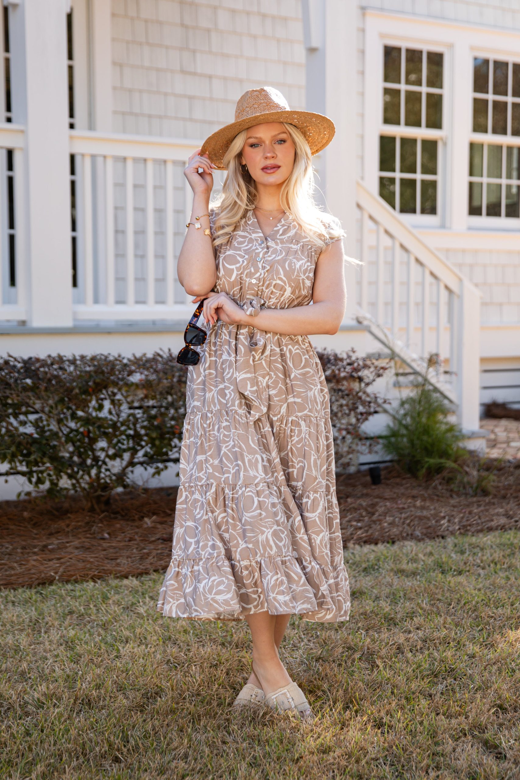 FINAL SALE - Living Easy Floral Taupe Midi Dress - Image 3
