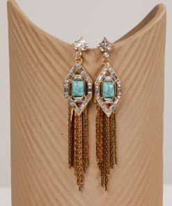 Iris Teal Rhinestone Chain Drop Earrings