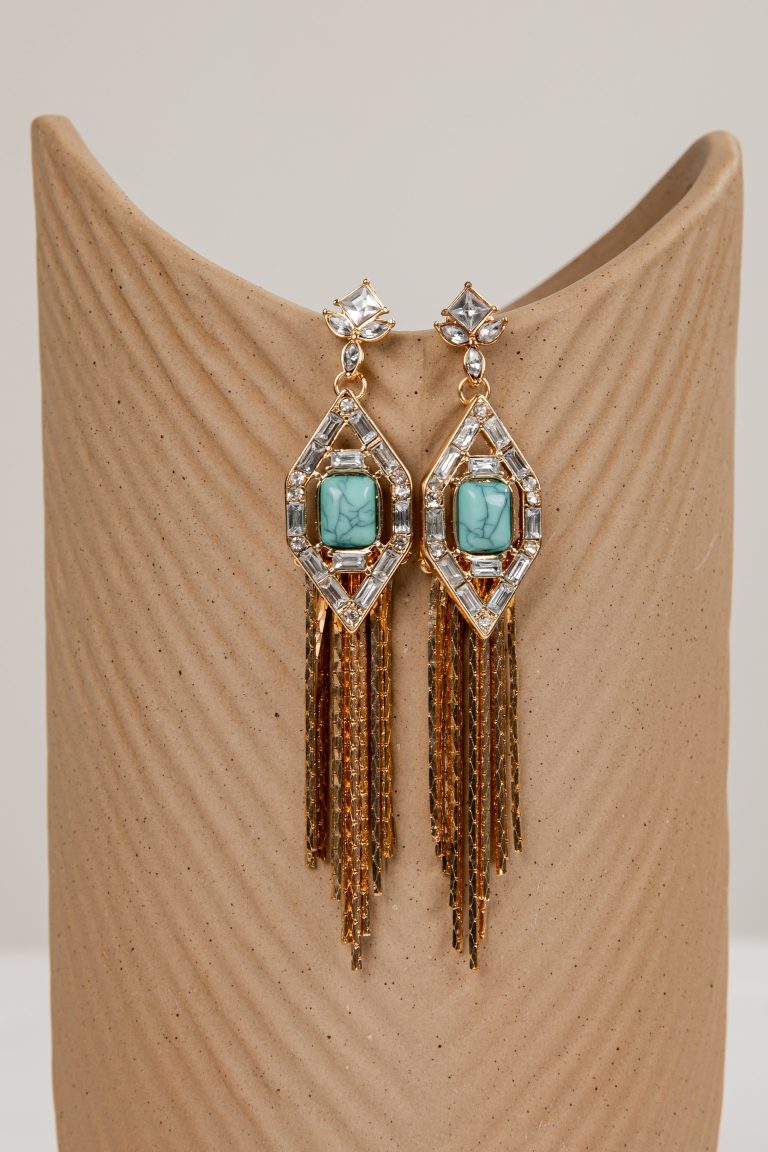 Iris Teal Rhinestone Chain Drop Earrings
