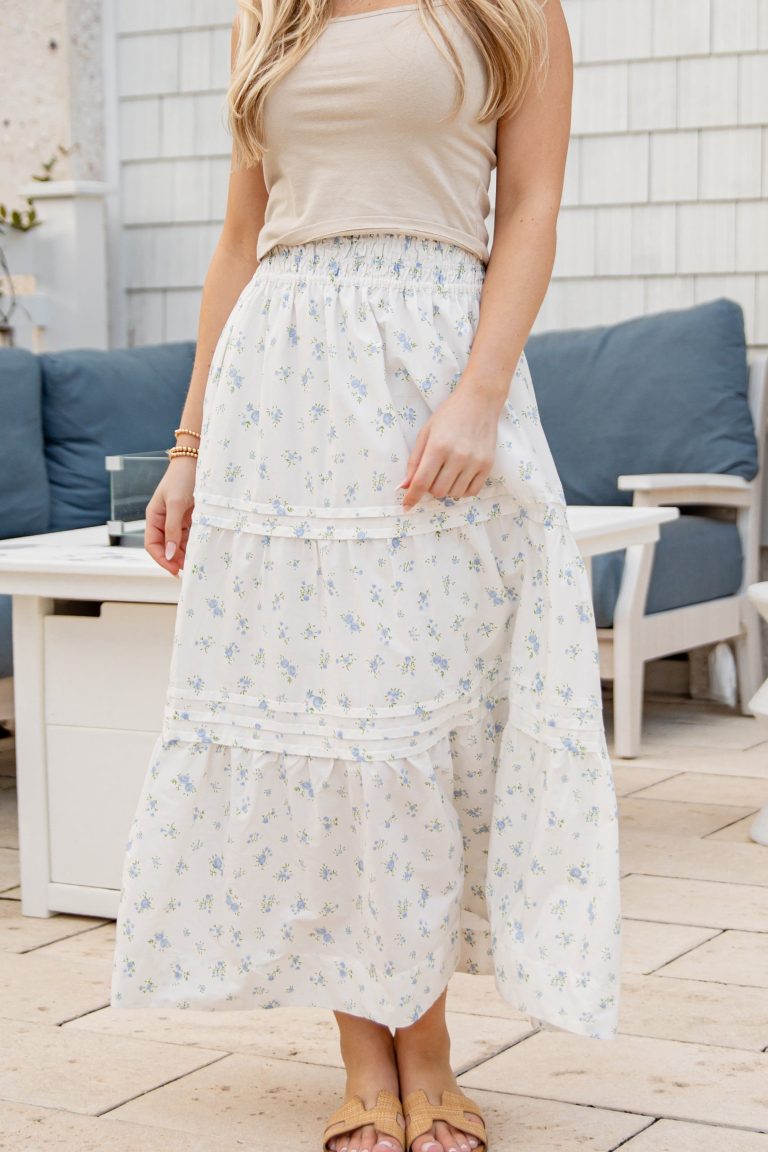 Santorini Bloom White Floral Tiered Maxi Skirt