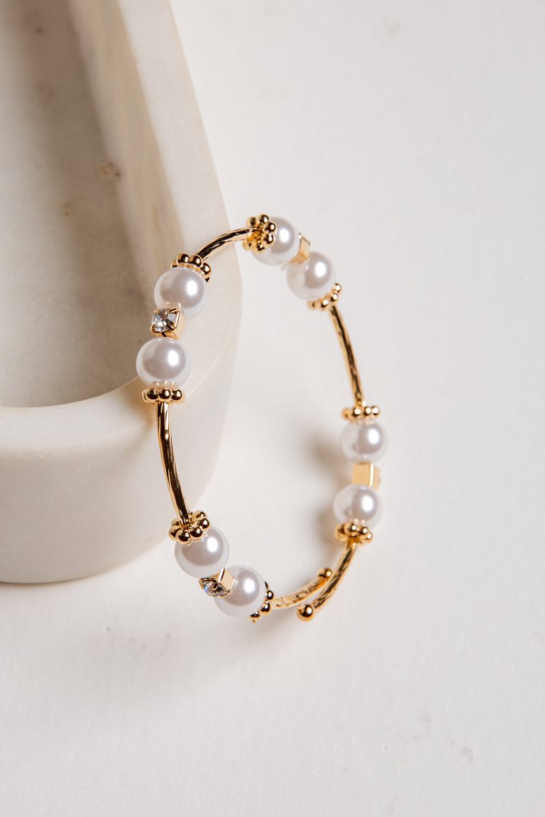 Cora White Pearl + Rhinestone Bangle Bracelet