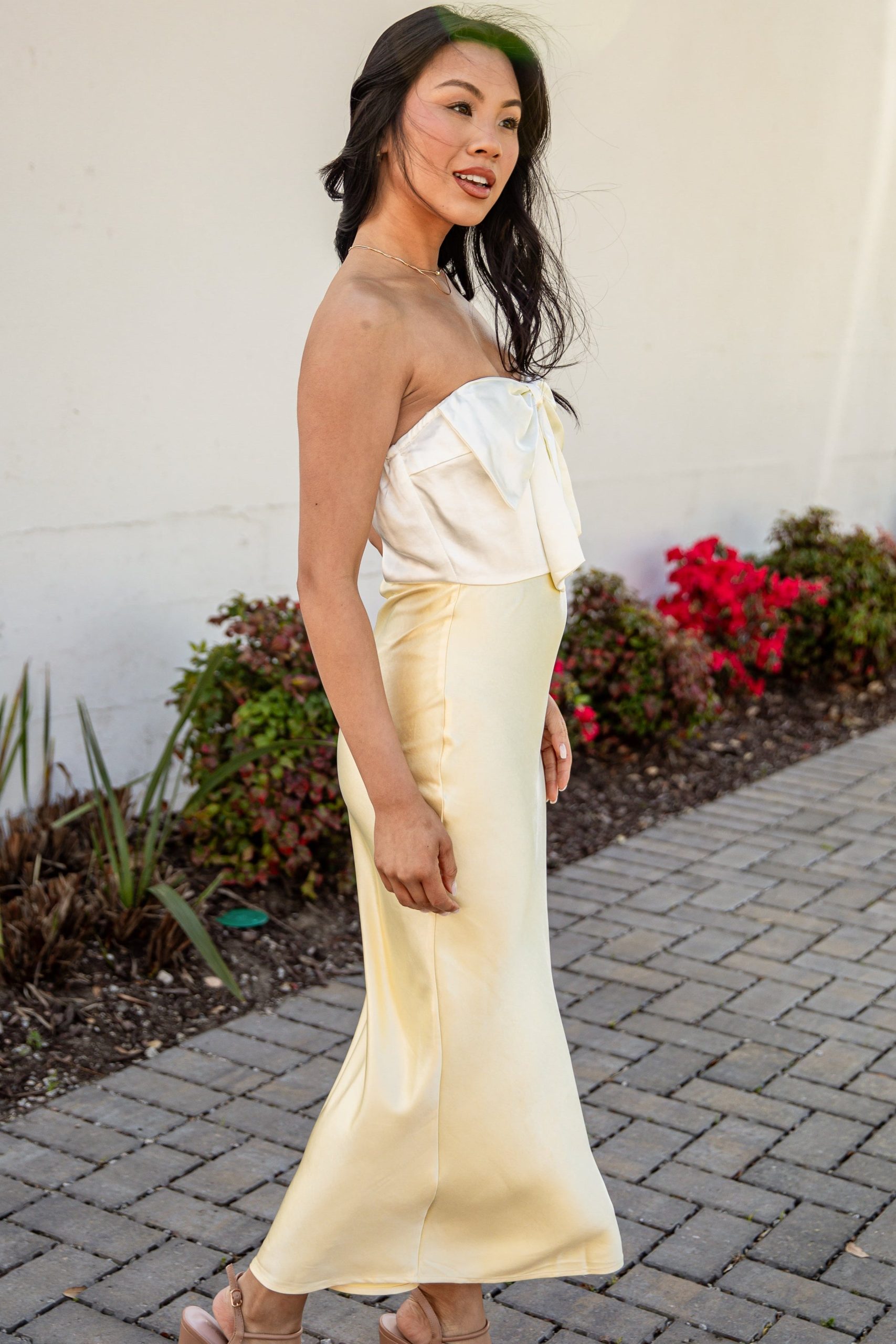 Unforgettable Entrance Yellow Bow Satin Midi Dress - Image 4